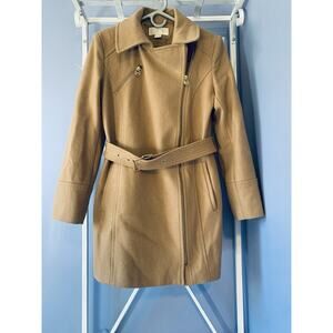 Michael Kors Wool belted coat camel zip up M preppy old money quiet luxury